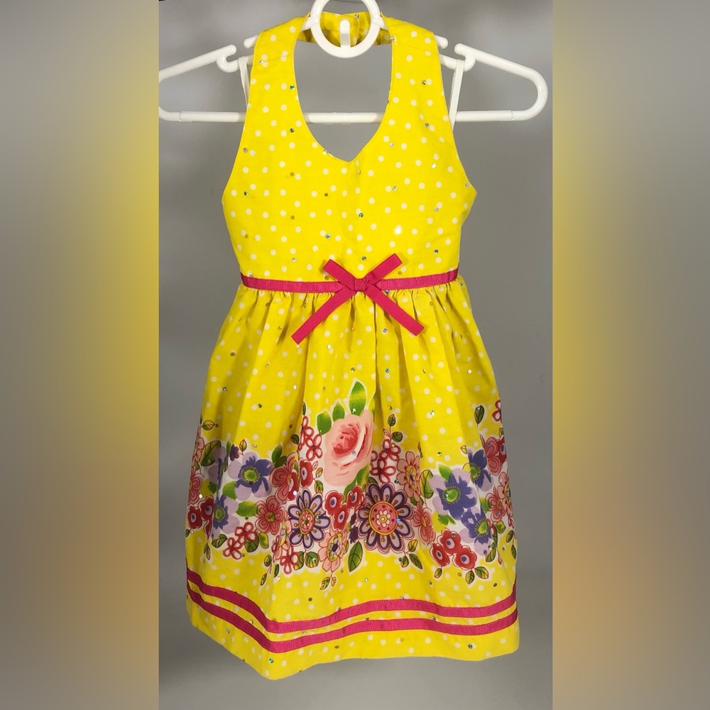 Blueberi Blvd Bright Yellow Floral Halter Dress | Sequin Accents & Polka Dots